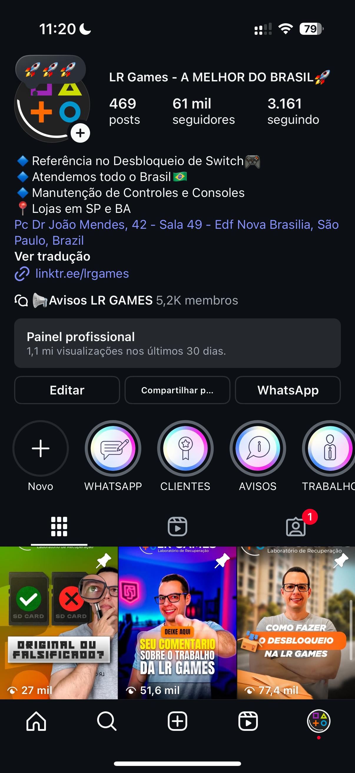 um smartphone mostrando o instagram da LR Games
